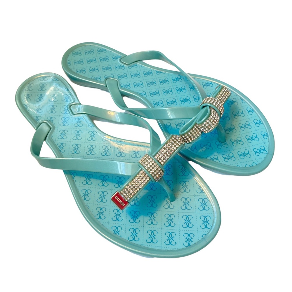 Guess Blue Rhinestone Bow Thong Sandals Women Size 6 Jelly Flip Flops Logo